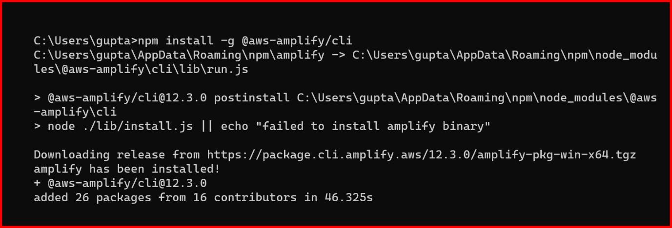 Picture showing the installation of AWS amplify